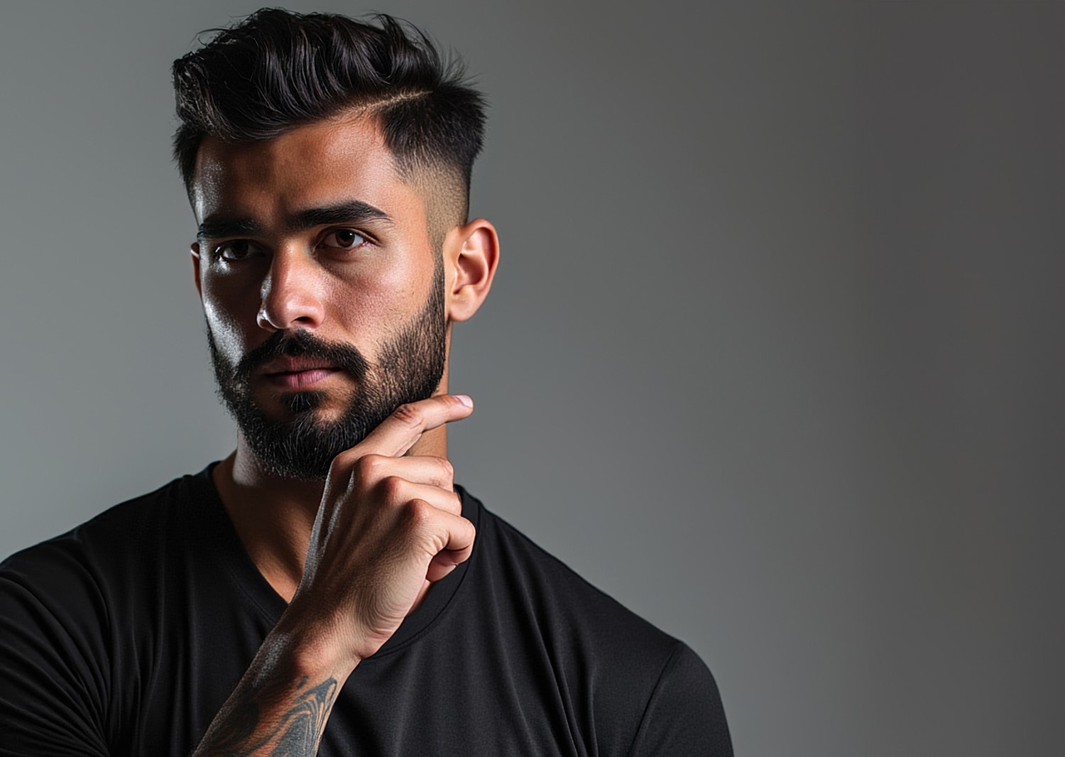 Man with beard touching his chin thoughtfully.