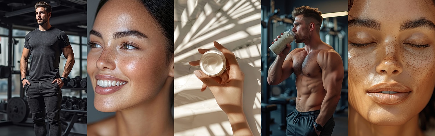 Fitness, beauty, and skincare lifestyle imagery.