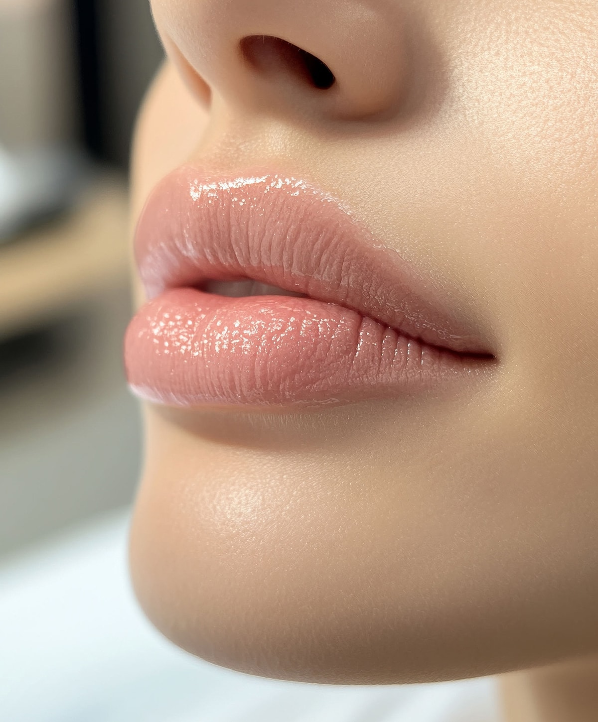 Close-up of soft, glossy lips on skin.
