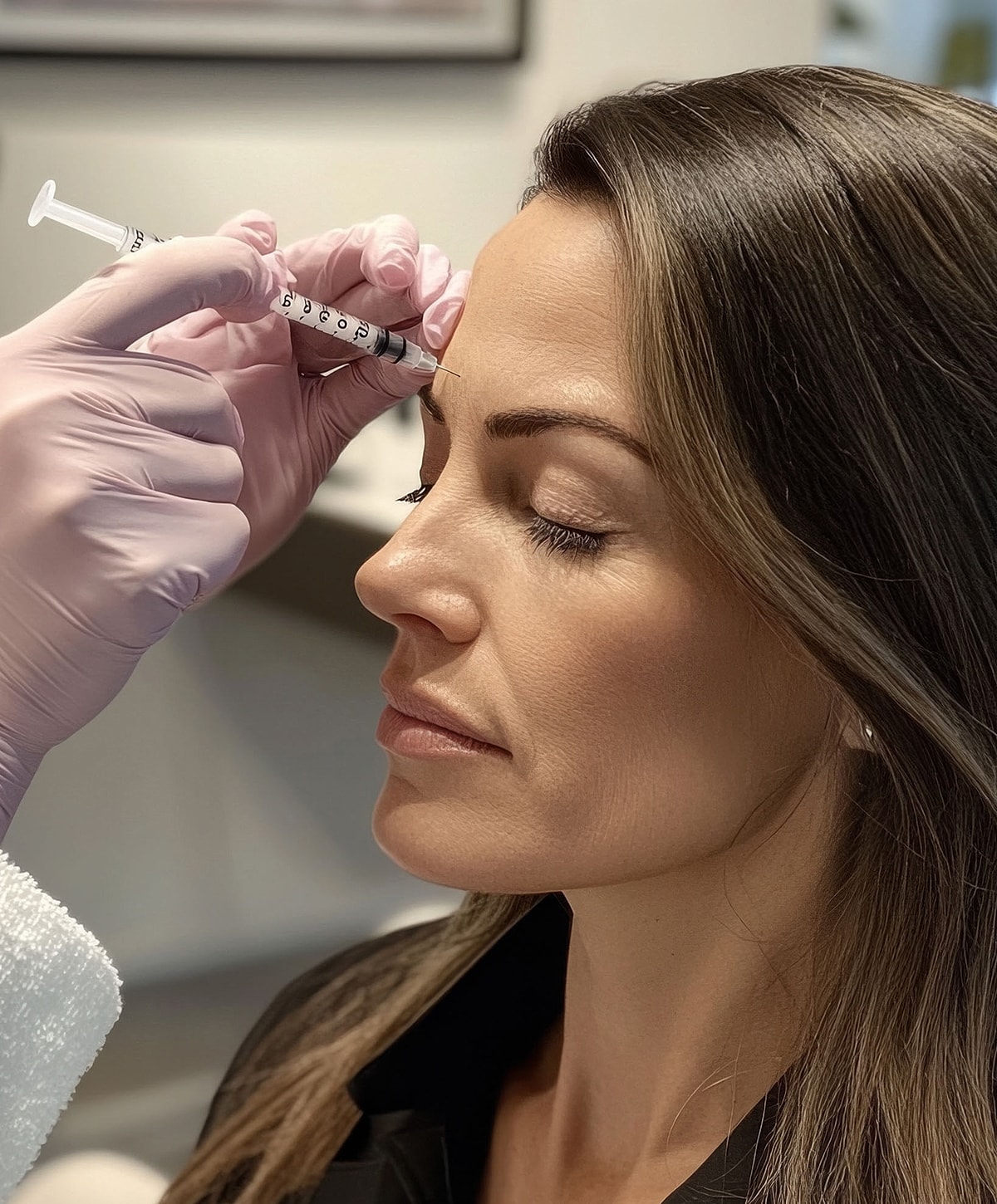 Woman receiving an injection in a cosmetic procedure.