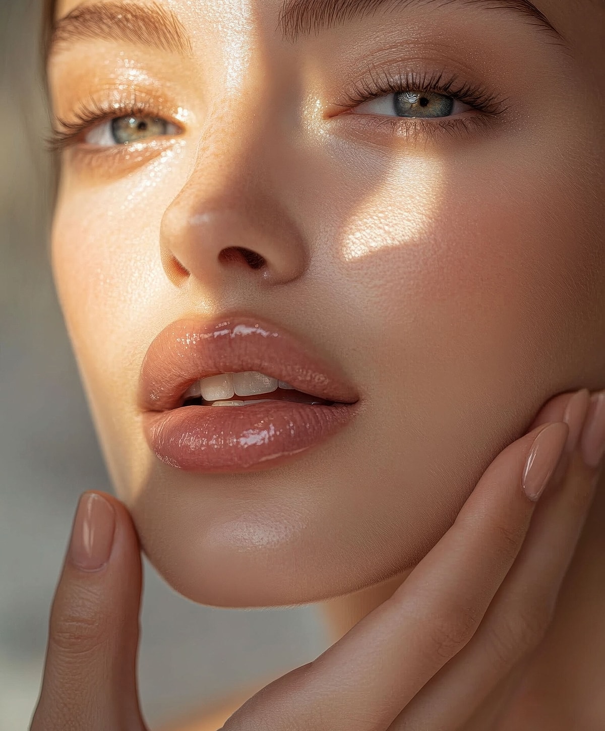 Close-up of a woman’s face with soft lighting.