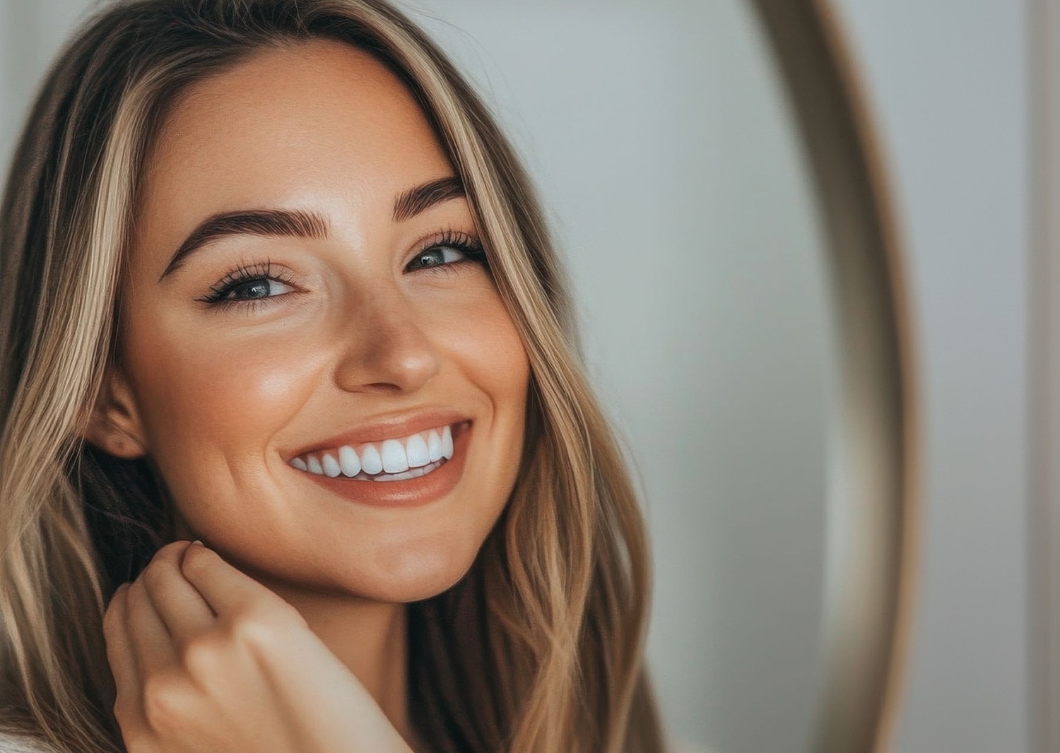 Smiling woman with long hair and flawless skin.