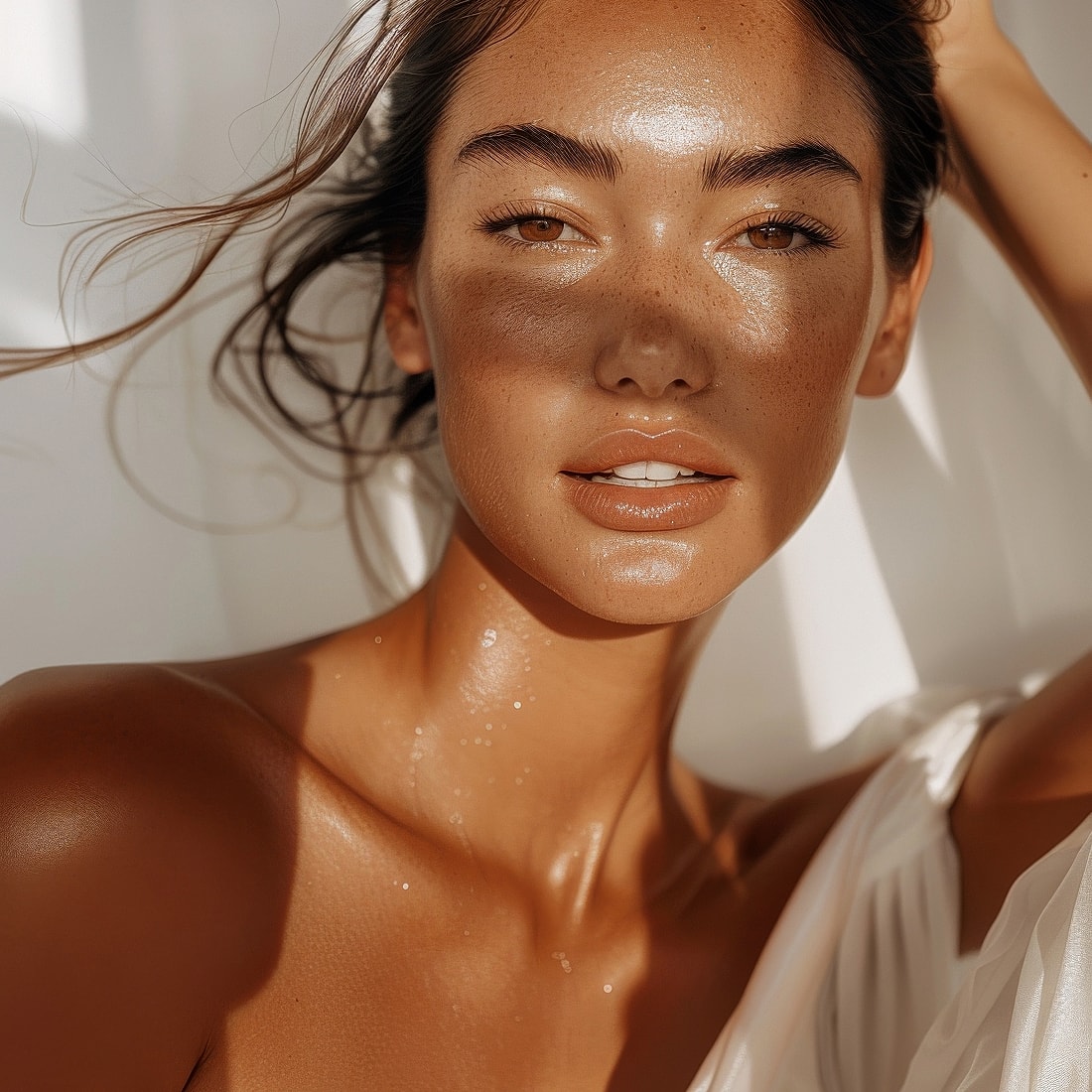 Radiant woman with glowing skin and natural beauty.