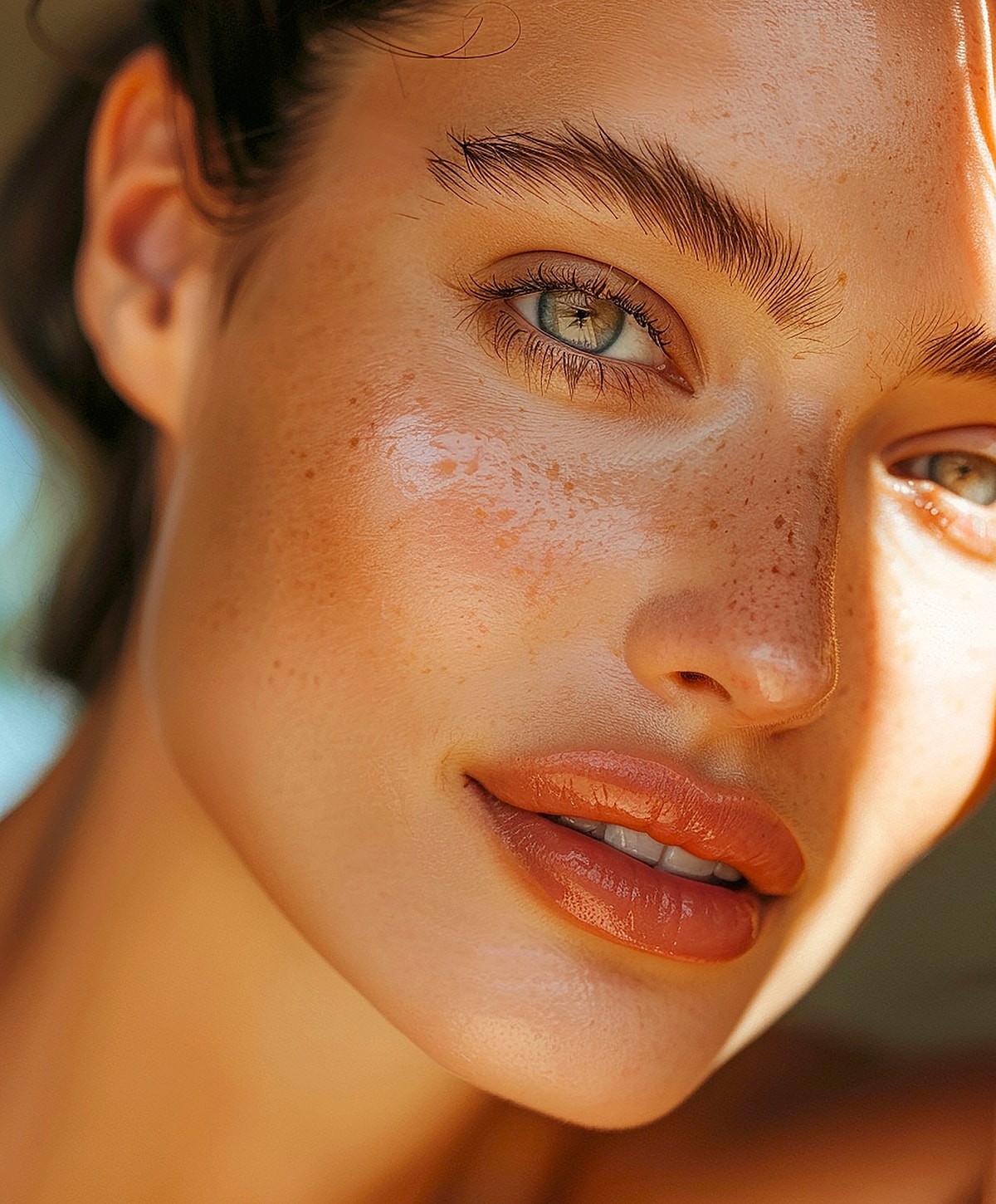 Close-up of woman with freckles and radiant skin.