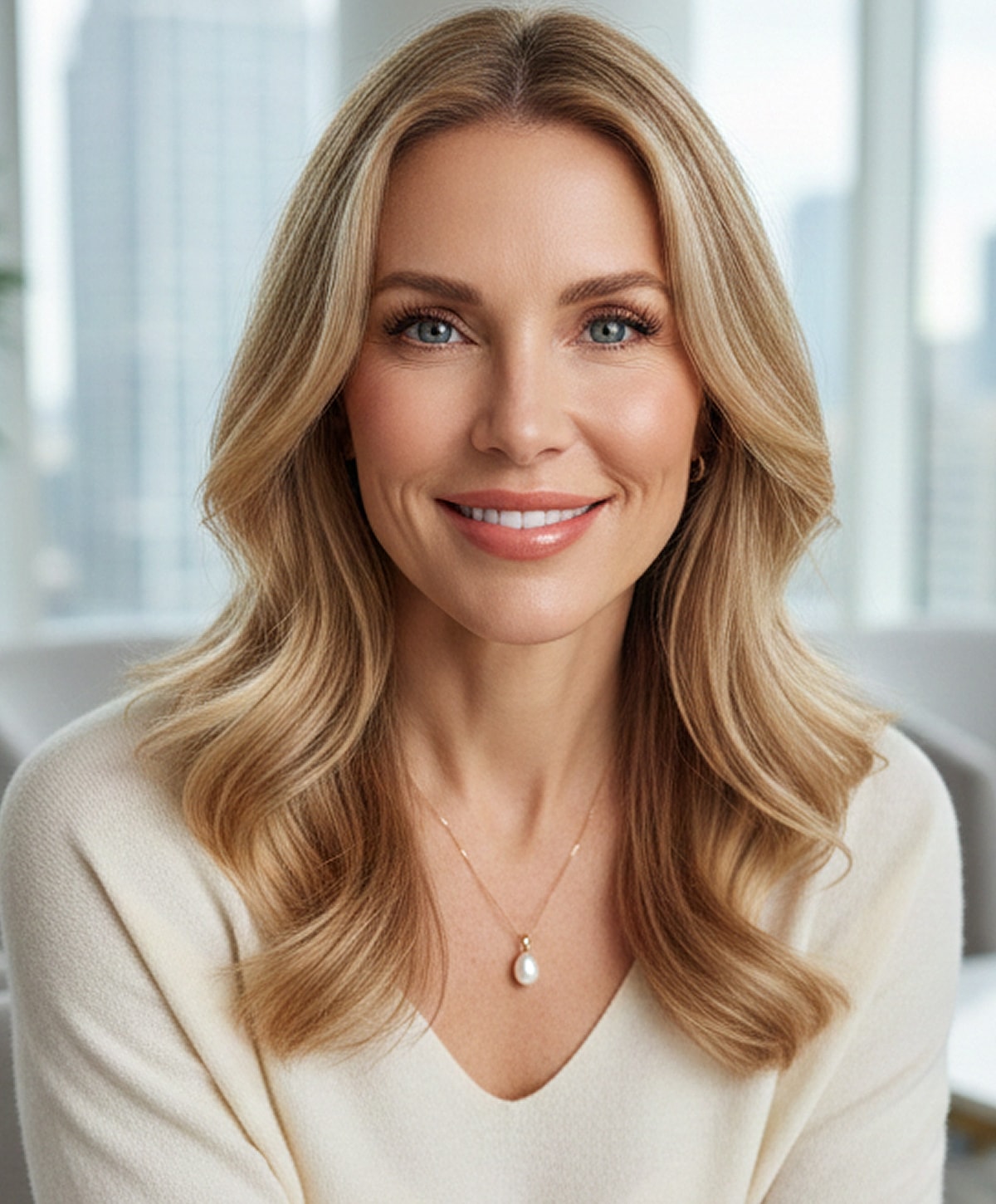 Smiling woman with blonde hair and pearl necklace.