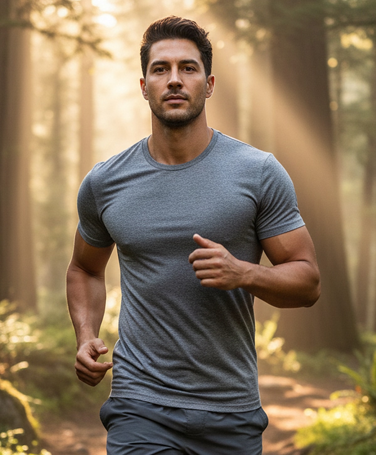 Man jogging in a forest during golden hour.