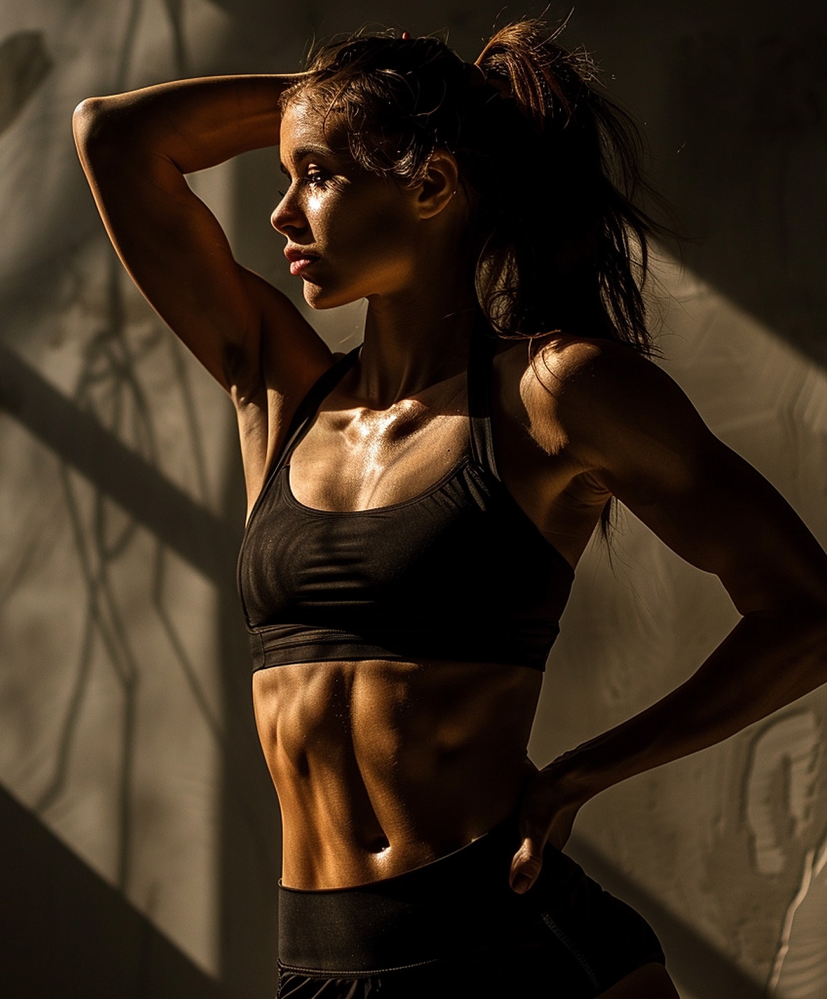 Athletic woman posing in dramatic lighting.