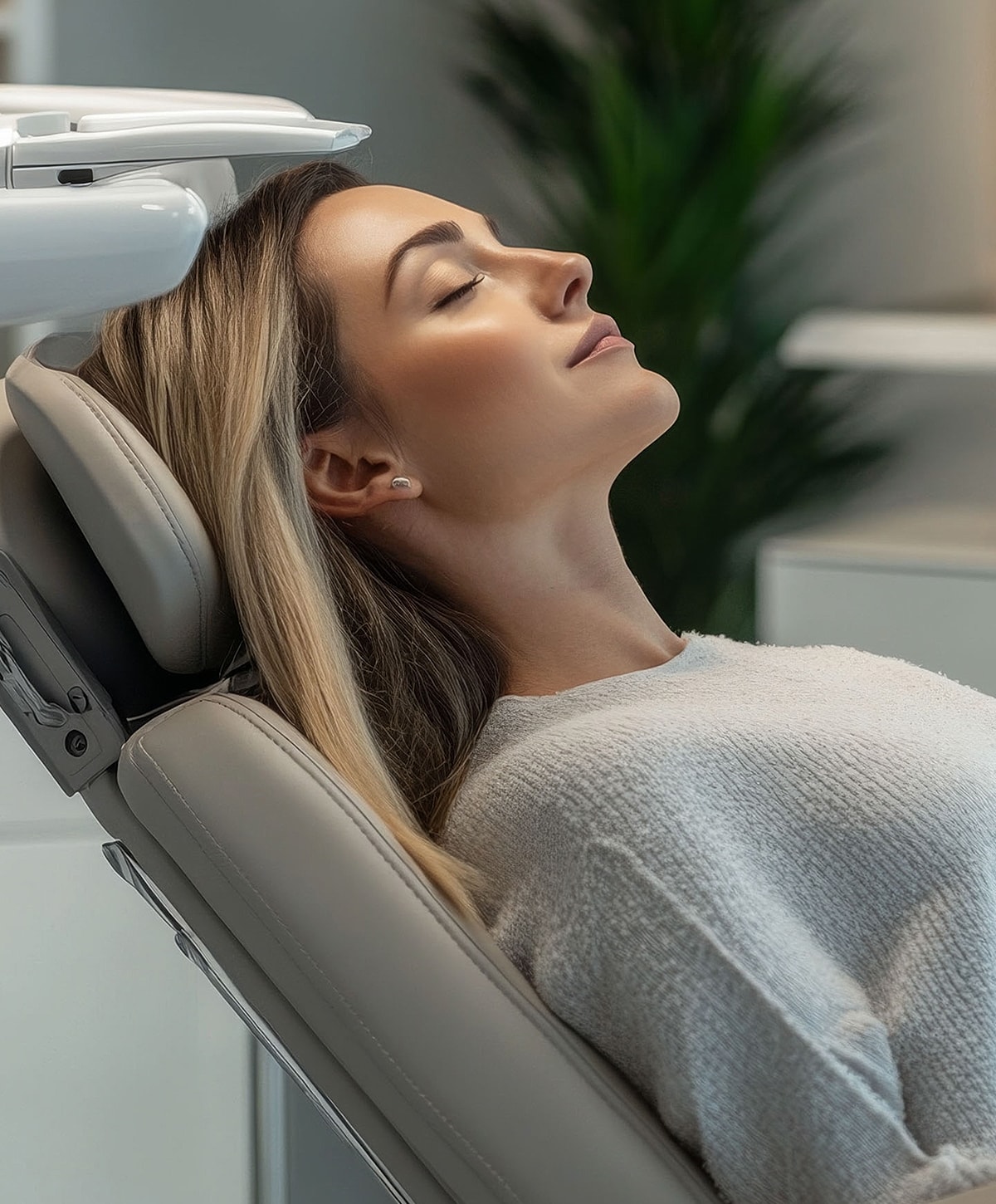 Woman relaxing in dental chair, eyes closed.