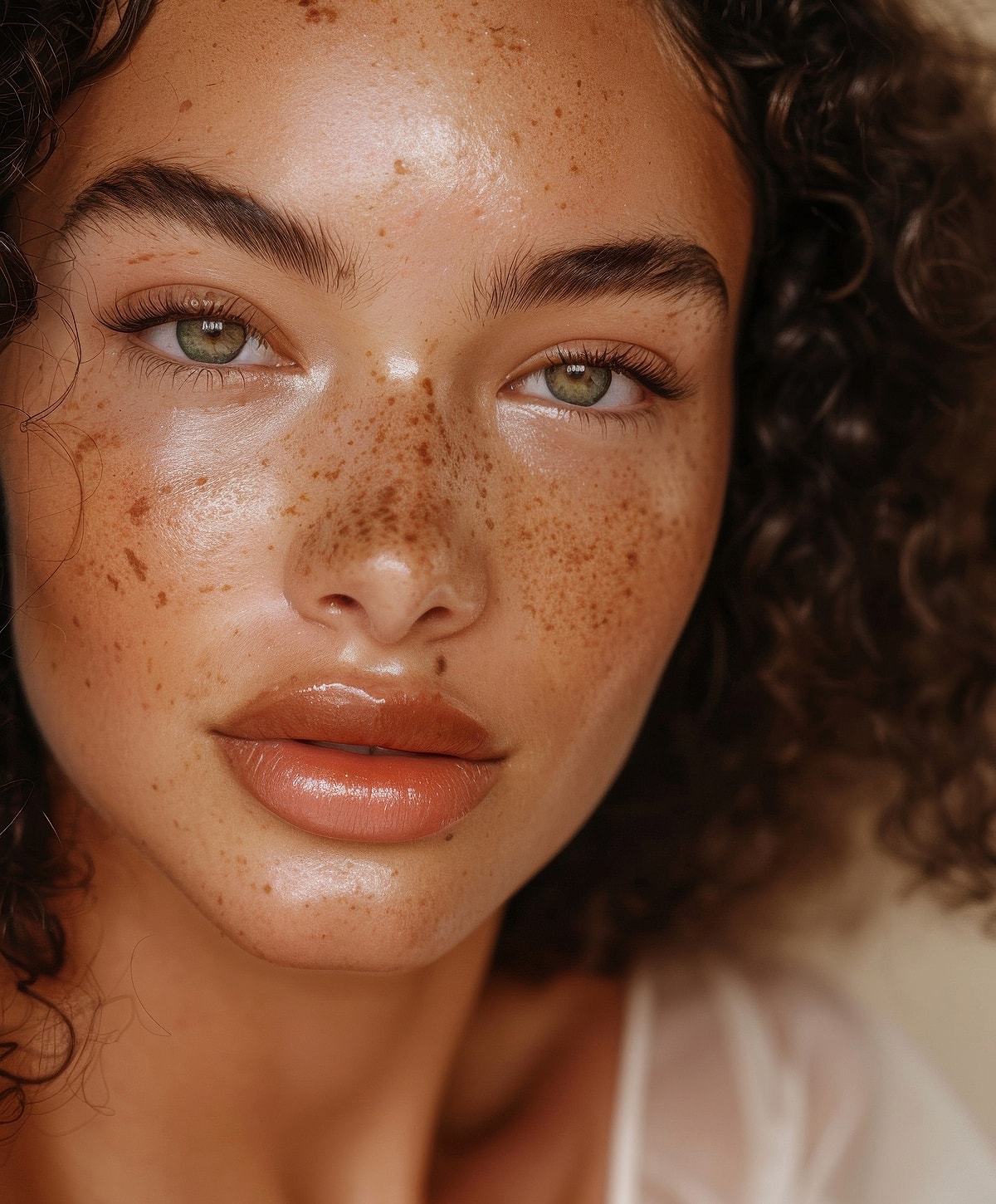 Close-up of a freckled face with curly hair.