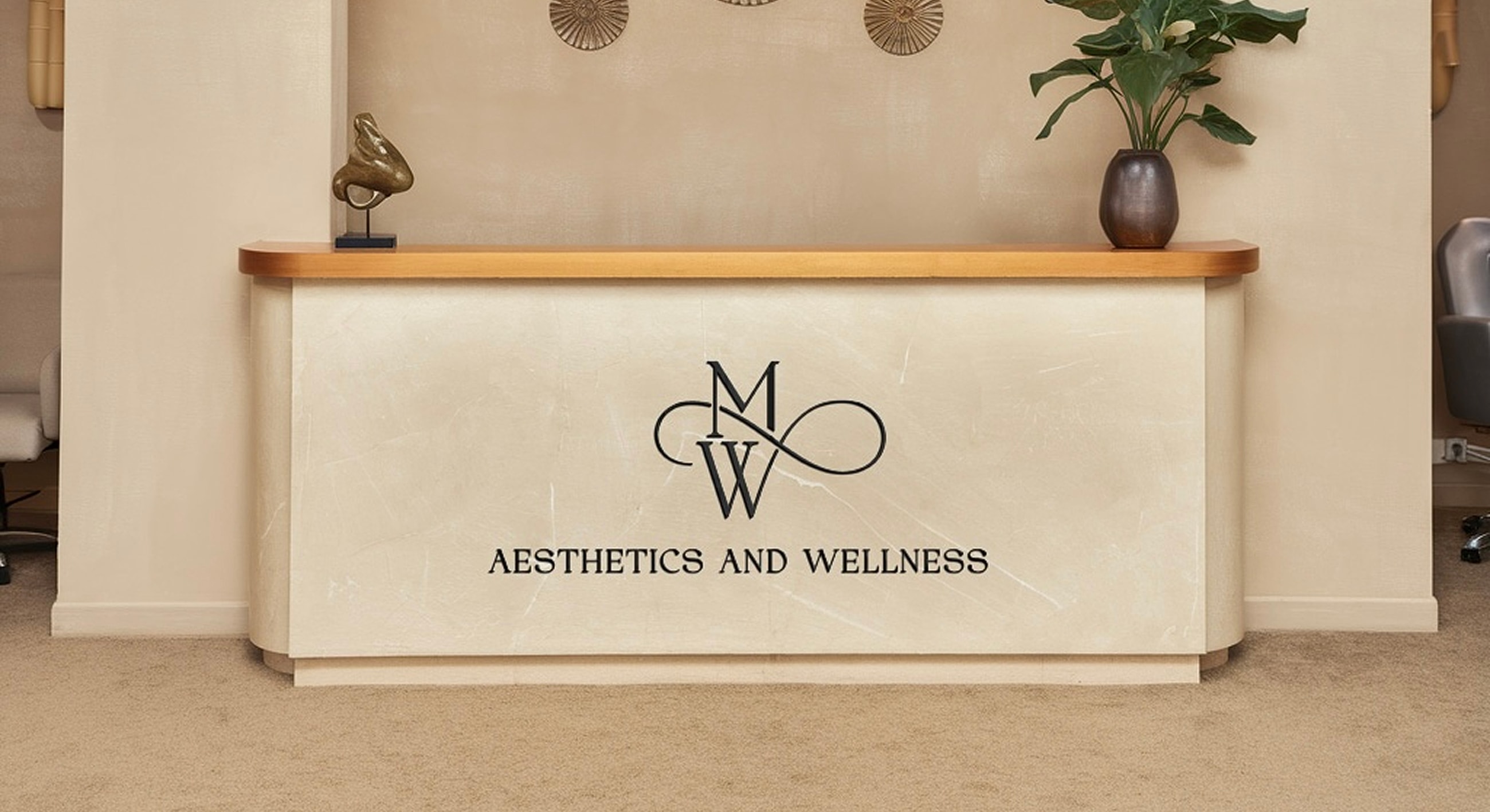 Reception desk at an aesthetics and wellness clinic.