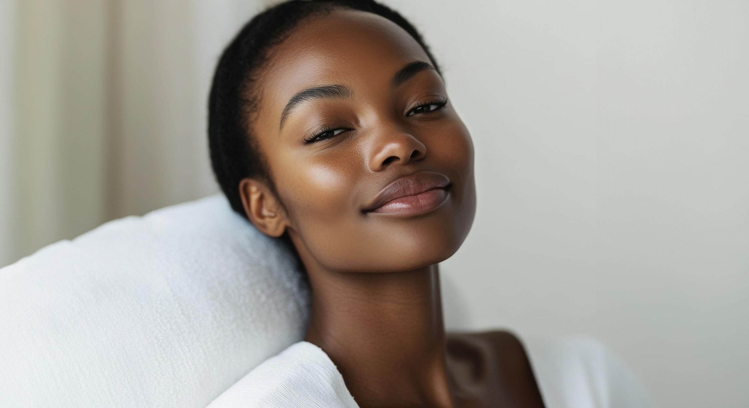 Smiling woman with glowing skin and natural beauty.