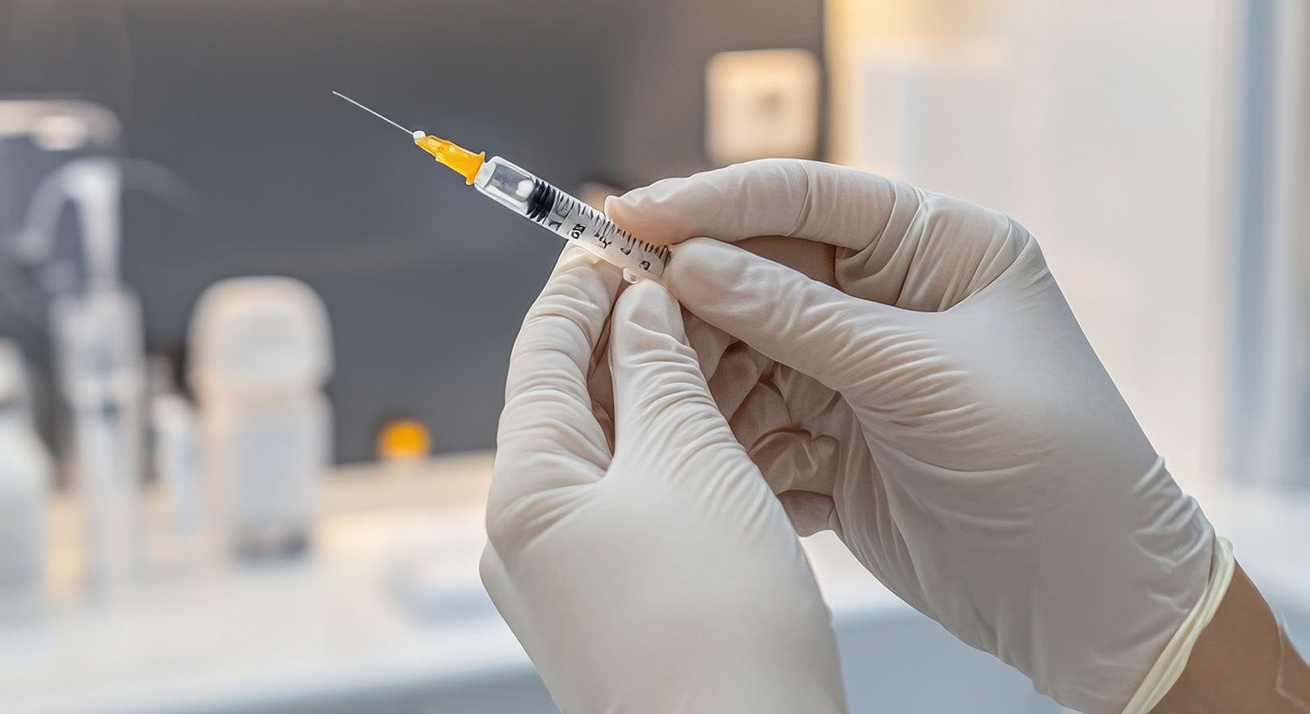 Gloved hand holding a syringe in a lab.