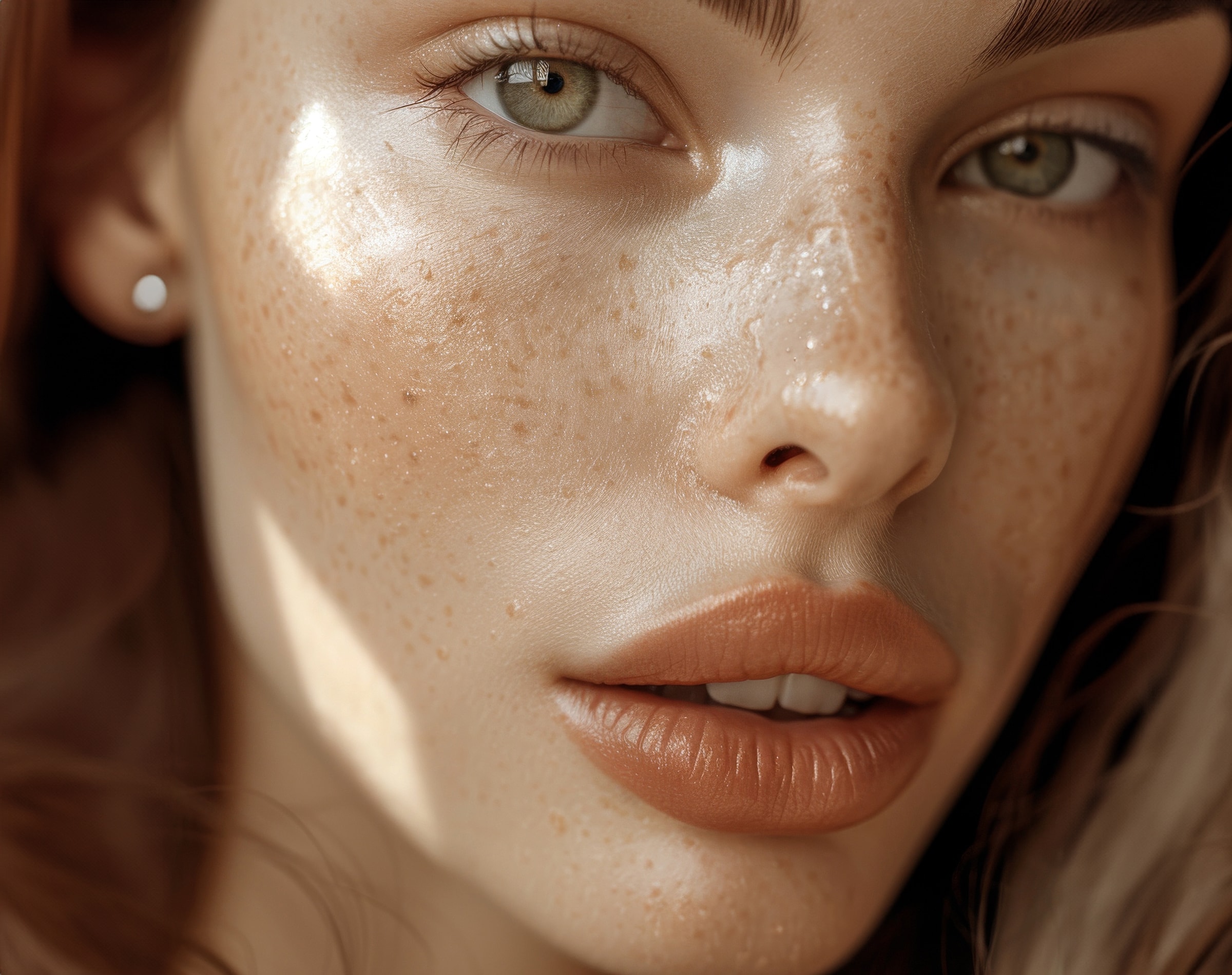 Close-up of a woman’s face with shadows.