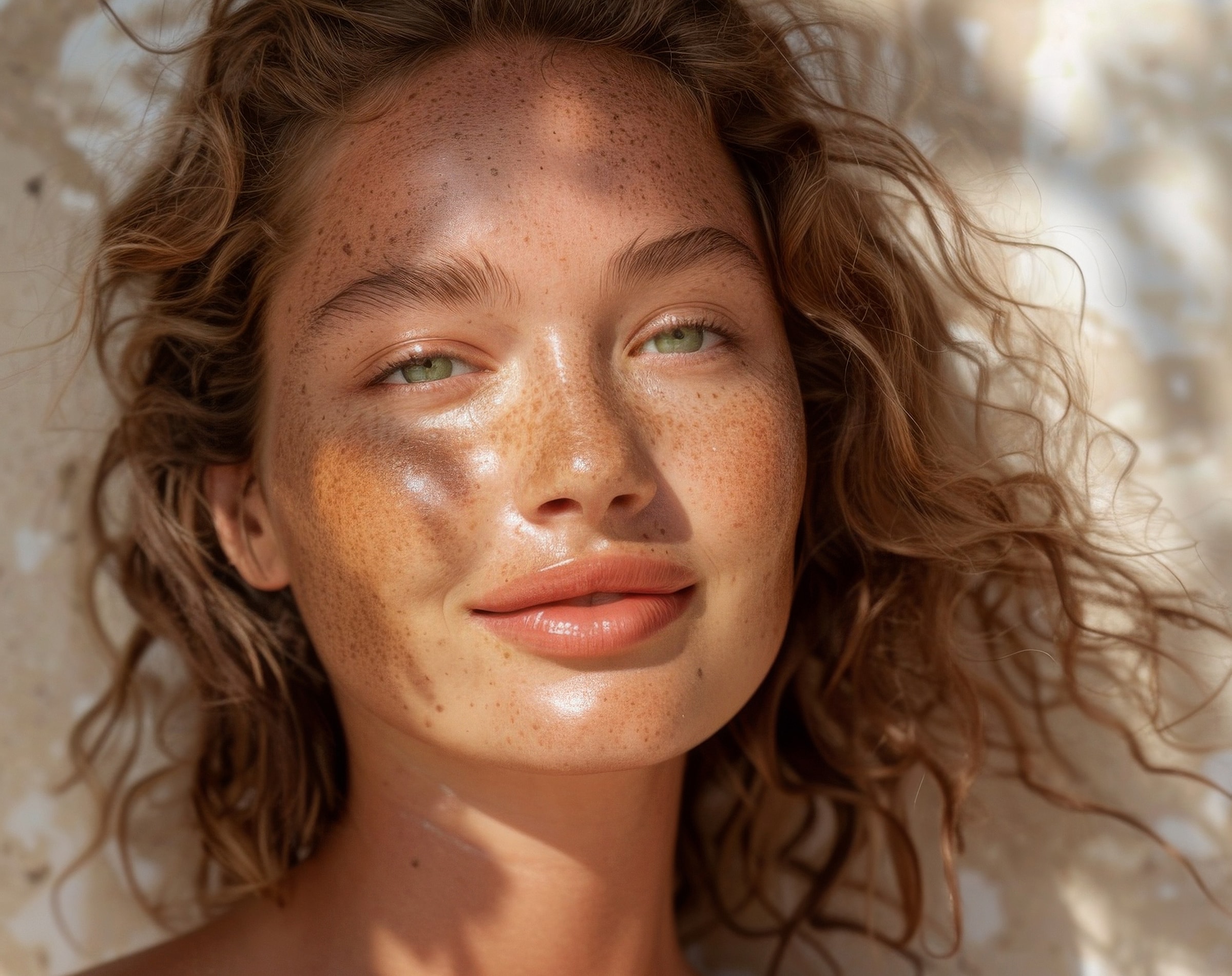 Woman with curly hair and freckles smiling softly.