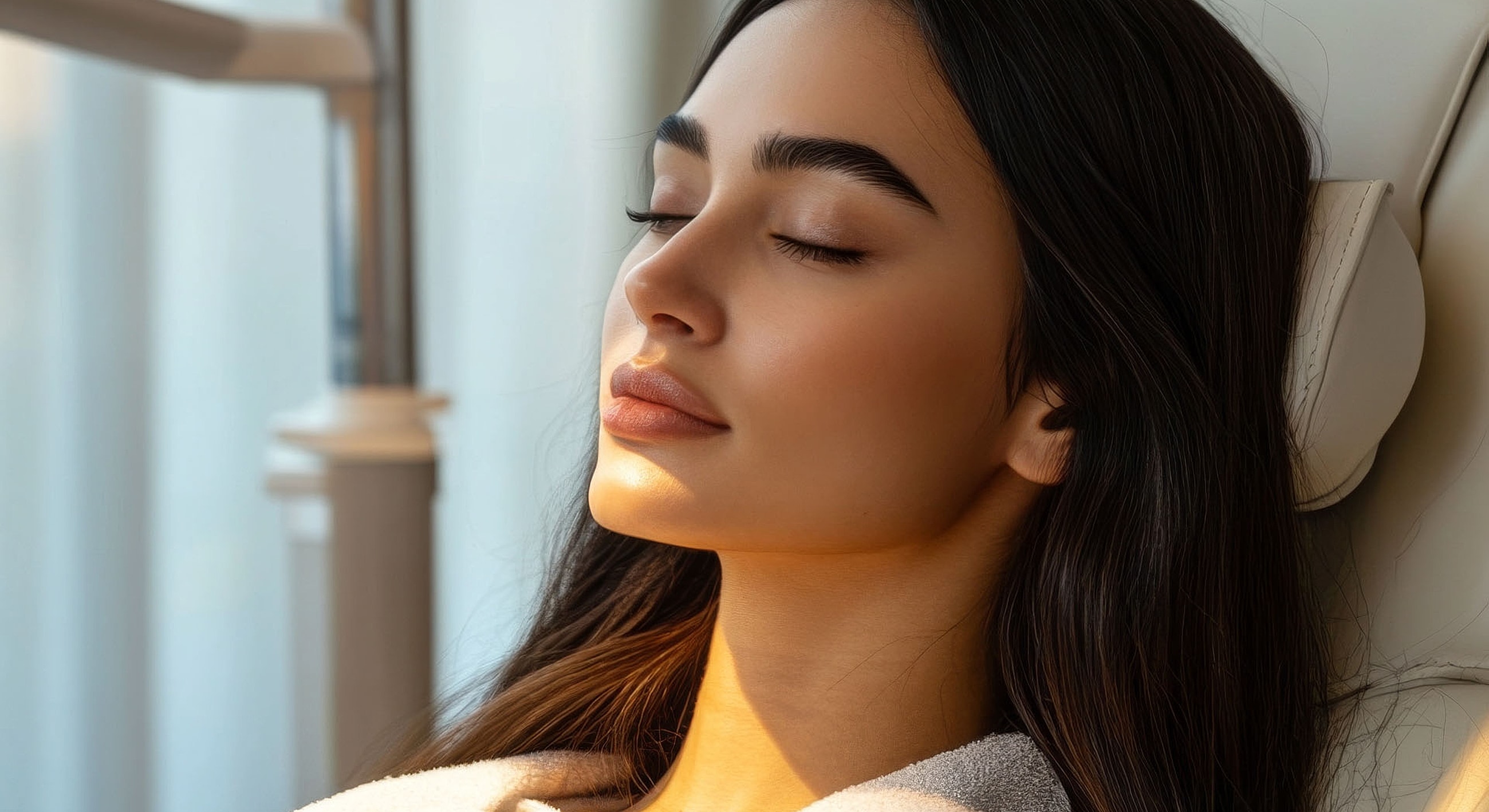 Young woman relaxing with closed eyes, serene expression.